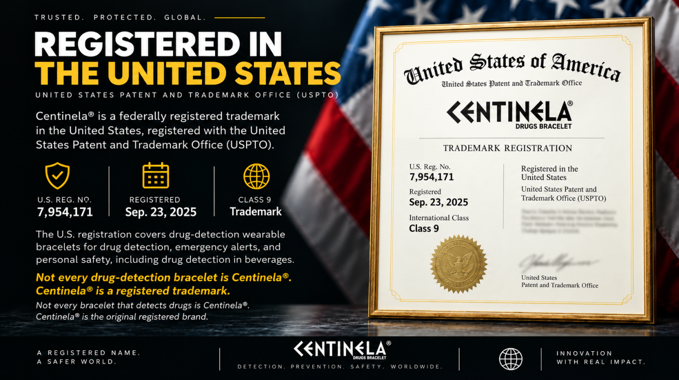 Centinela® drug-detection bracelet registered trademark in the United States with the USPTO